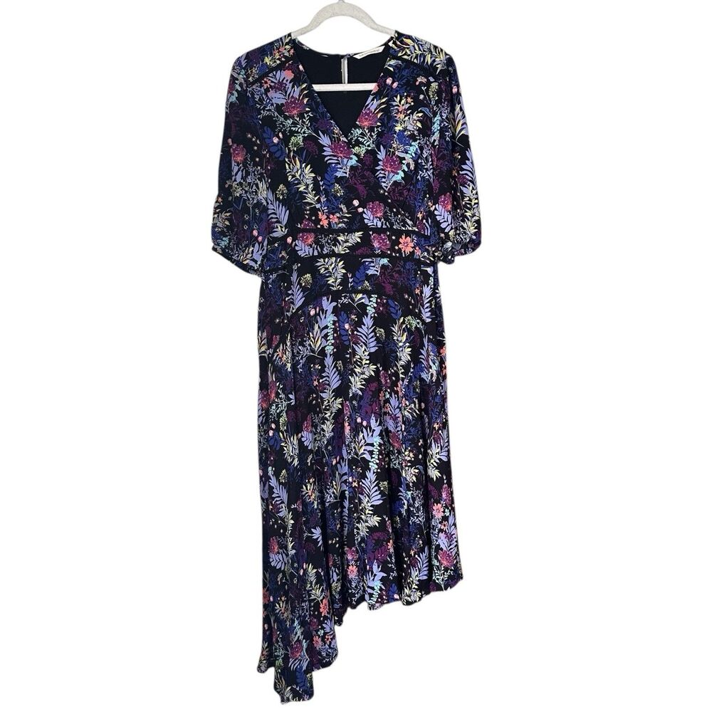 Soft Surroundings Womens Sz 6 Asymmetrical Midi Black Purple Floral Boho Dress